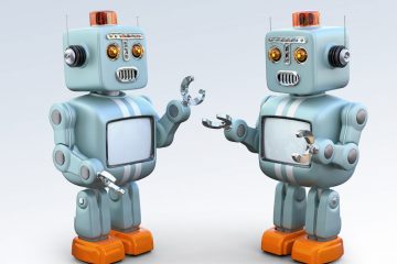 Two retro robots talking to each other